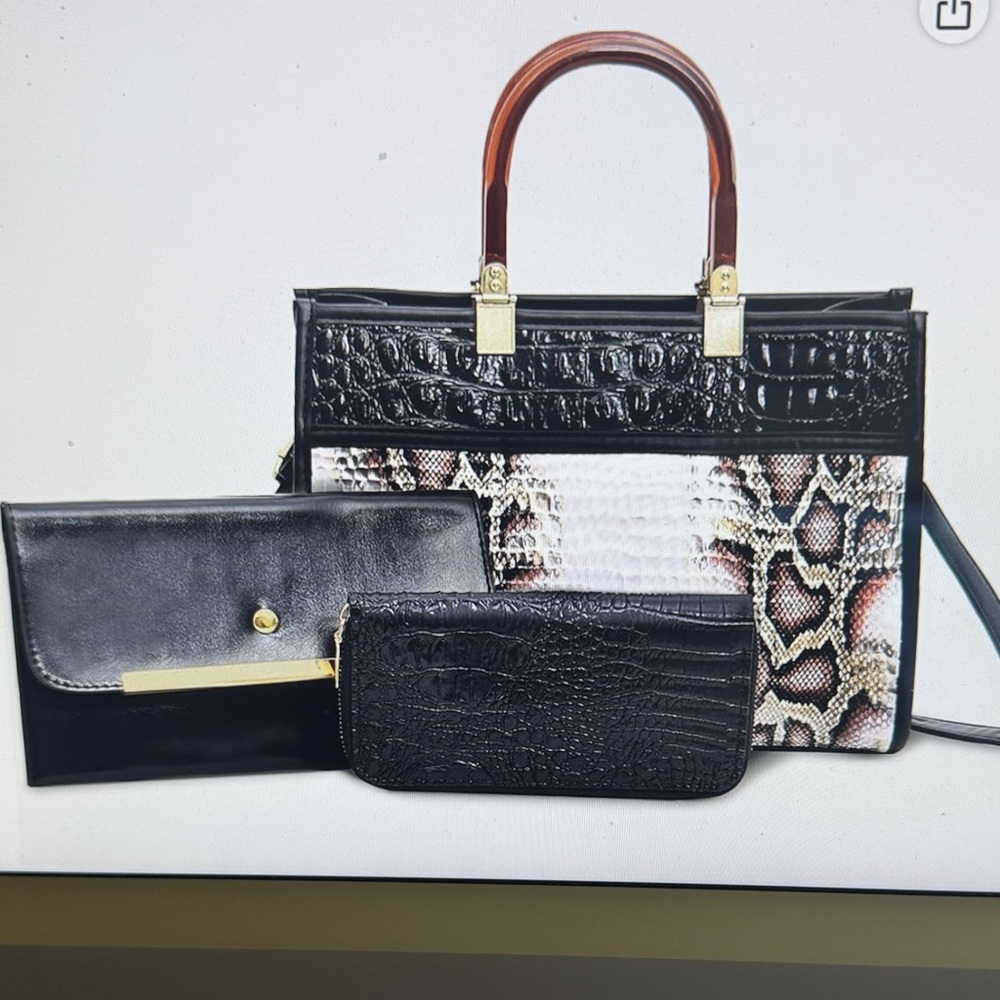 Black Croc-Embossed Tote with Snakeskin Accent and Matching Wallets